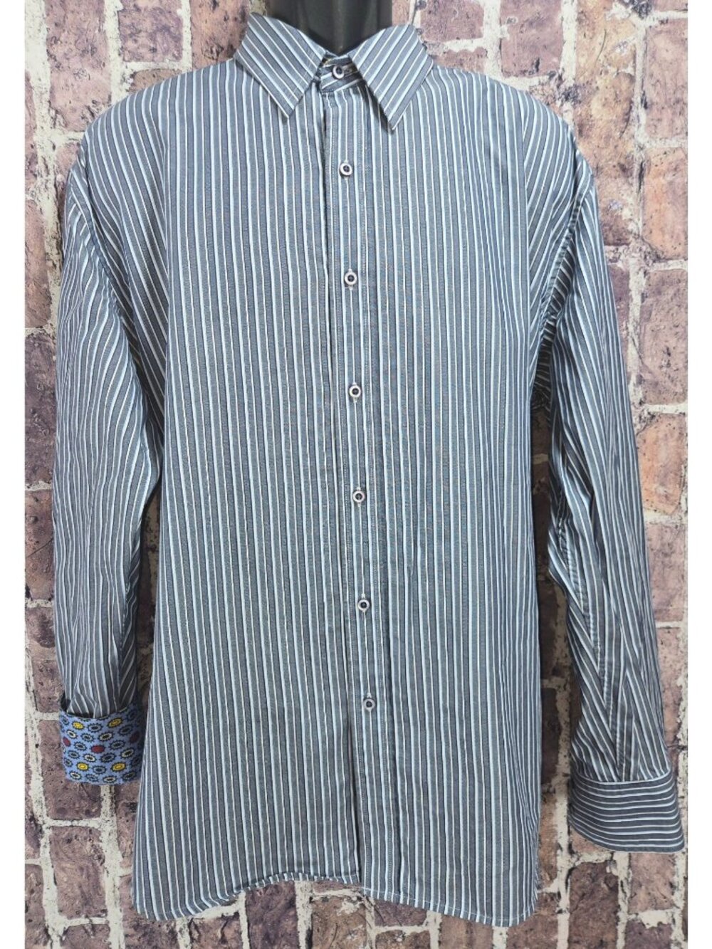 Robert Graham Mens XL Blue Striped Button-Down Shirt With Floral Accents